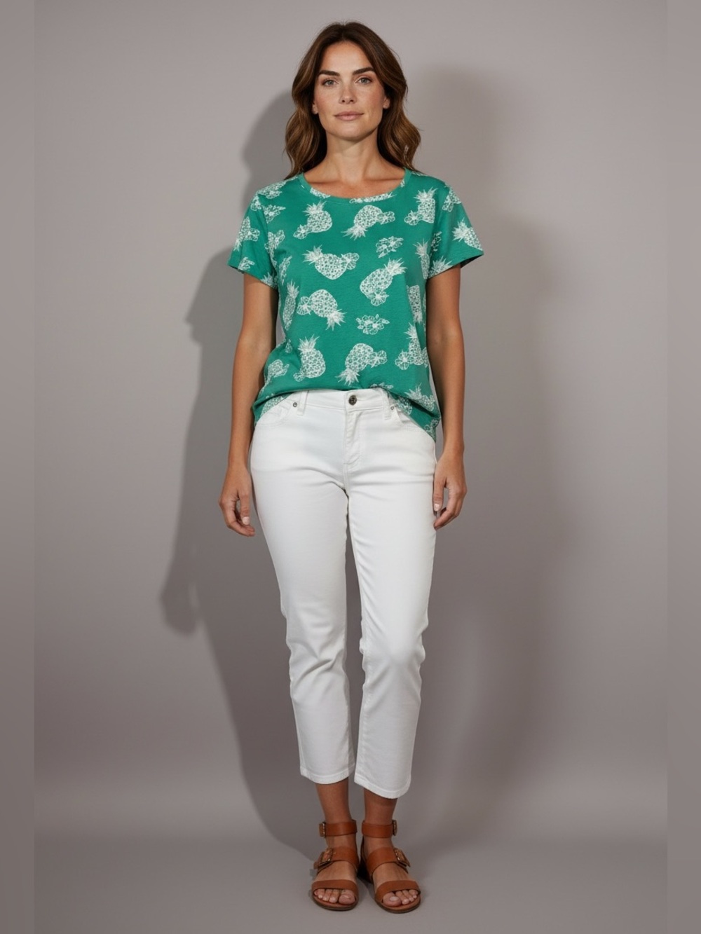 NEW, mySTYLE, Pineapple Print T-Shirt, Green White, Size Large